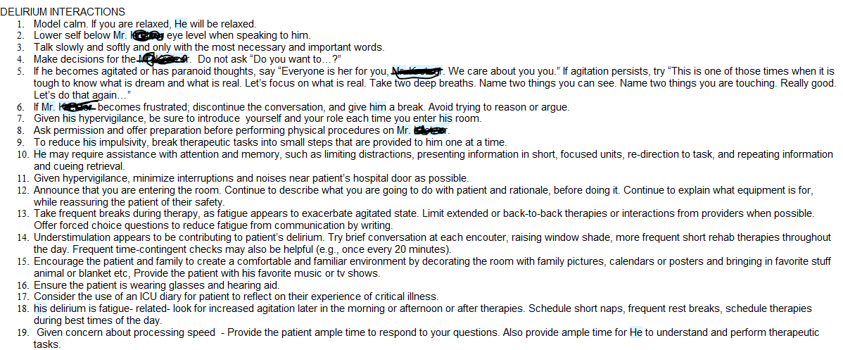 DrMeganHoseyPhD's tweet photo. Here we go! These are my recommendations in @EPIC SmartPhrase. I tailor them based on my conversations with patients and families. 

Please send me your feedback and additions medtwitter #ICUrehab #HumanizeICU !

For interactions with people experiencing #delirium https://t.co/FvZ5xGP1ck