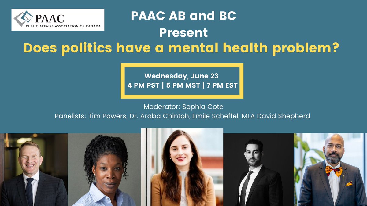PAAC84's tweet photo. Tonight's the night! Join us to hear from our panel of politicos &amp; experts as they share personal &amp; professional experiences about #mentalhealth &amp; #politics. Register: https://t.co/NUwFzITip9 #cdnpoli #ABpoli #BCpoli @powerstim, @DShepYEG, @Emile_BC and Dr. Chintoh. https://t.co/v2XzwgmgVH