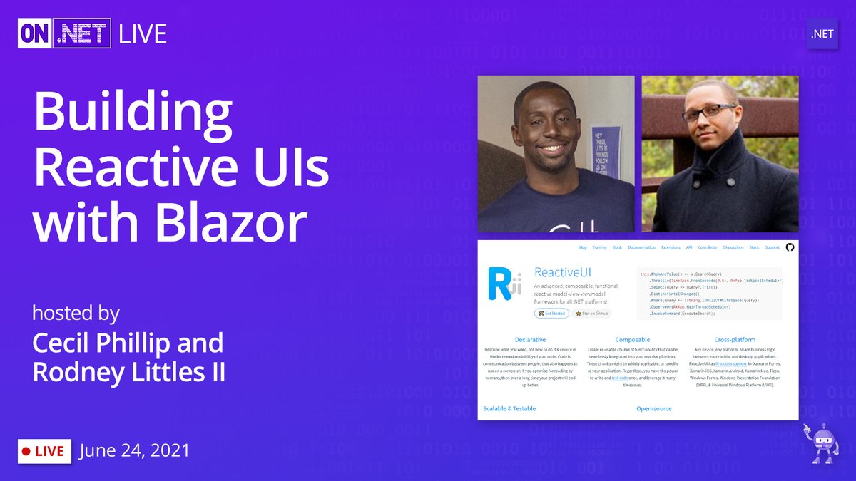 .NET (@dotnet) on Twitter photo This week on #OnDotNET Live we'll have <a href="/rlittlesii/">Rodney Littles II</a> joining us to talk about building Reactive UIs with Blazor 🔥
youtube.com/watch?v=EUOimt… #dotnet #blazor #AspNetCore #reactiveUI #RxNET This week on #OnDotNET Live we'll have <a href="/rlittlesii/">Rodney Littles II</a> joining us to talk about building Reactive UIs with Blazor 🔥
youtube.com/watch?v=EUOimt… #dotnet #blazor #AspNetCore #reactiveUI #RxNET