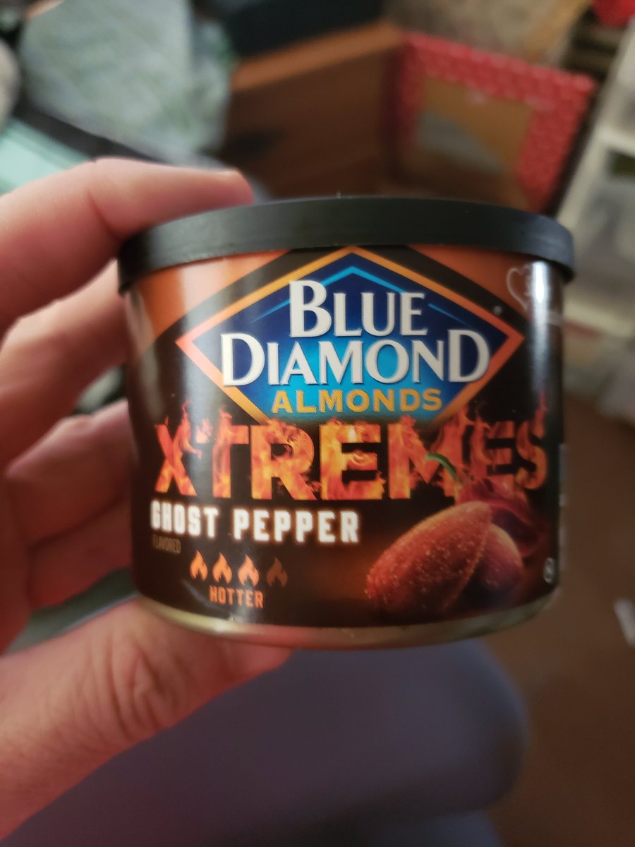 MangTheGoat's tweet photo. Dear @BlueDiamond 
These 🔥🔥🔥 X'Tremes Ghost Pepper Almonds were great but is there a 🔥🔥🔥🔥  type? Not trashing or throwing down, just curious. Thanks, -MtG https://t.co/5CI4fielYR
