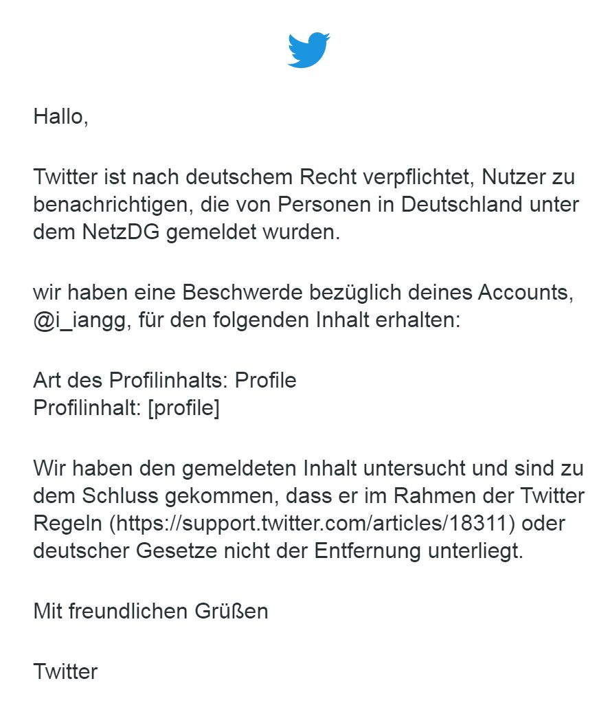 i_iangg's tweet photo. #TwitterSperrt #TwitterBan #TwitterAbsurd
Ich wurde aufgefordert einen Tweet zu löschen, in dem ich den Grünen einen Tausch von Politikern angeboten habe. Getagged war der Tweet mit den Trends vom betreffenden Tag.
Meinungsfreiheit Adé
Gelöscht, Keine Sperre https://t.co/PU6xP0ePbp