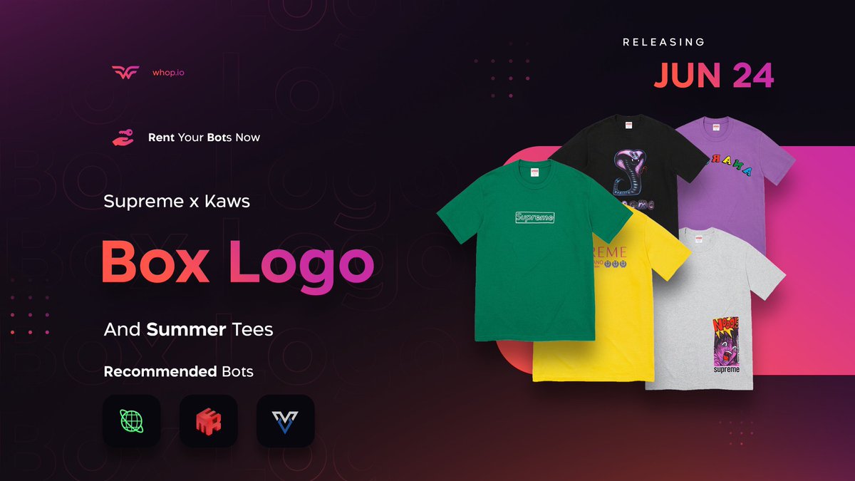 whop's tweet photo. We've got a big Thursday ahead of us! Starting off with the Supreme x Kaws Box Logo 🔥 

Secure your rentals before it's too late - https://t.co/OZDQDcHDfW

Like this Tweet to win: 

🌐 | 1x Cybersole Rental
🌋 | 1x Velox Rental
🎉 | 1x MEKPreme Rental https://t.co/nYpY7zEh2L