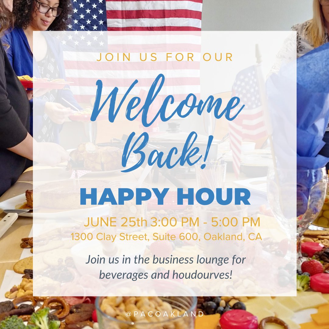 pac_oakland's tweet image. We are kicking off a &quot;Welcome Back&quot; happy hour at Pacific Workplaces Oakland. Join us for networking games, hors d&apos;oeuvres, and relaxing libation. #community #happyhour #wemakeworkbetter #welcomeback #virtualoffice #realestate #oakland #membersmatter #jointhecommunity #coworking