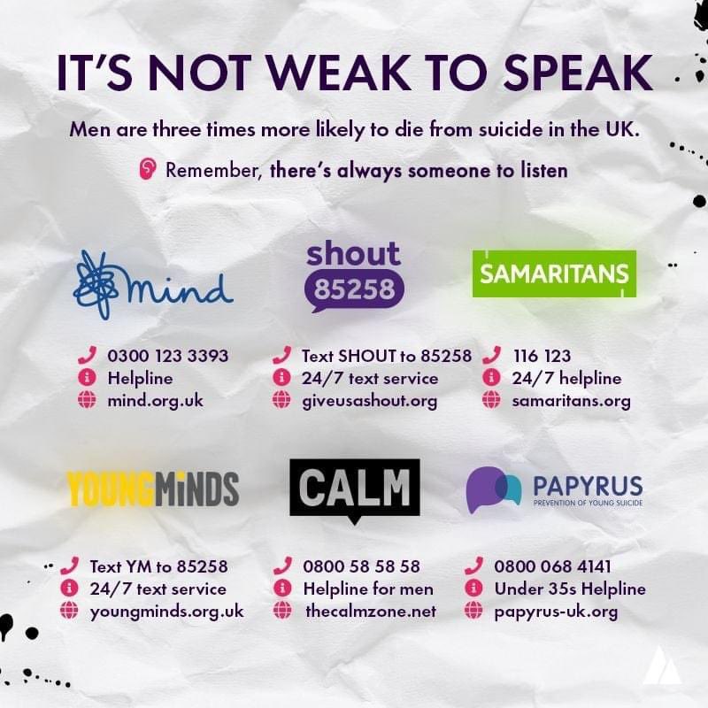 It's not weak to speak. This week is Men’s mental health week. Remember to find some one to talk to if you need help 💙. #alwaysreadytolisten #ItsNotWeakToSpeak #MensHealthWeek #MensMentalHealthWeek #findafriend