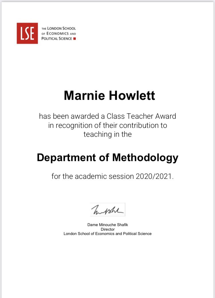 marnie_howlett's tweet image. Incredibly humbled to have just learned that I won a Class Teacher Award for my teaching this past academic year in the @MethodologyLSE. Sharing my passion for #qualmethods with my students, and watching them pursue their own research projects, was truly a highlight of the year.