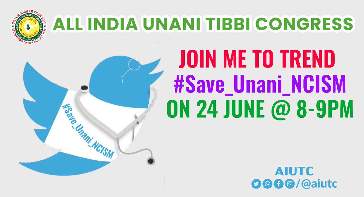 AIUTC_YouthWing's tweet photo. Join tomorrow
#Save_unani_NCISM @DrNisarAhmadN12 @DrMohammadMohs8 @DrTahir02 @drsahiba_ @DrRoshniSiddiq1 https://t.co/KwXZFBxtfH