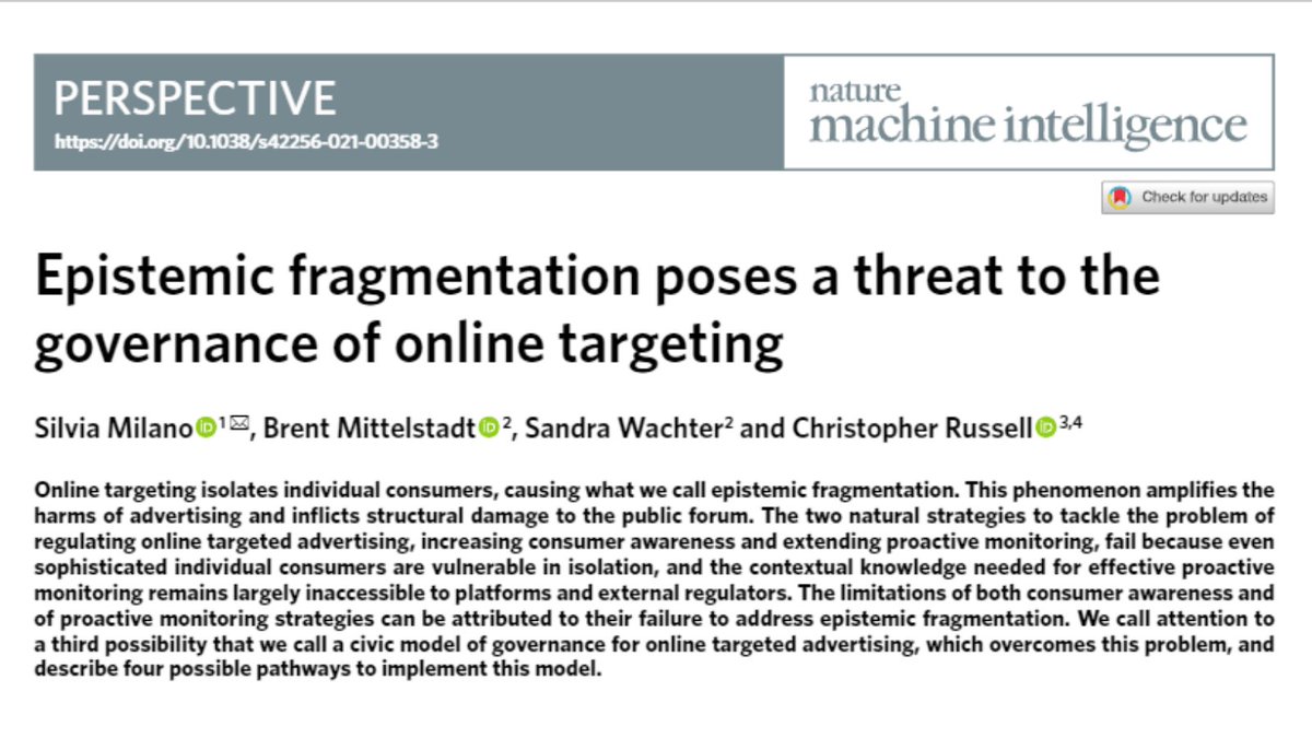 Future of Humanity Institute (@fhioxford) on Twitter photo What are the harms of epistemic fragmentation in online targeted advertising using ML?
<a href="/SilviaMilano1/">Silvia Milano</a> recently coauthored 'Epistemic fragmentation poses a threat to the governance of online targeting' in <a href="/NatMachIntell/">Nature Machine Intelligence</a>
Read the full paper here: ow.ly/gQFX50FgUTj What are the harms of epistemic fragmentation in online targeted advertising using ML?
<a href="/SilviaMilano1/">Silvia Milano</a> recently coauthored 'Epistemic fragmentation poses a threat to the governance of online targeting' in <a href="/NatMachIntell/">Nature Machine Intelligence</a>
Read the full paper here: ow.ly/gQFX50FgUTj