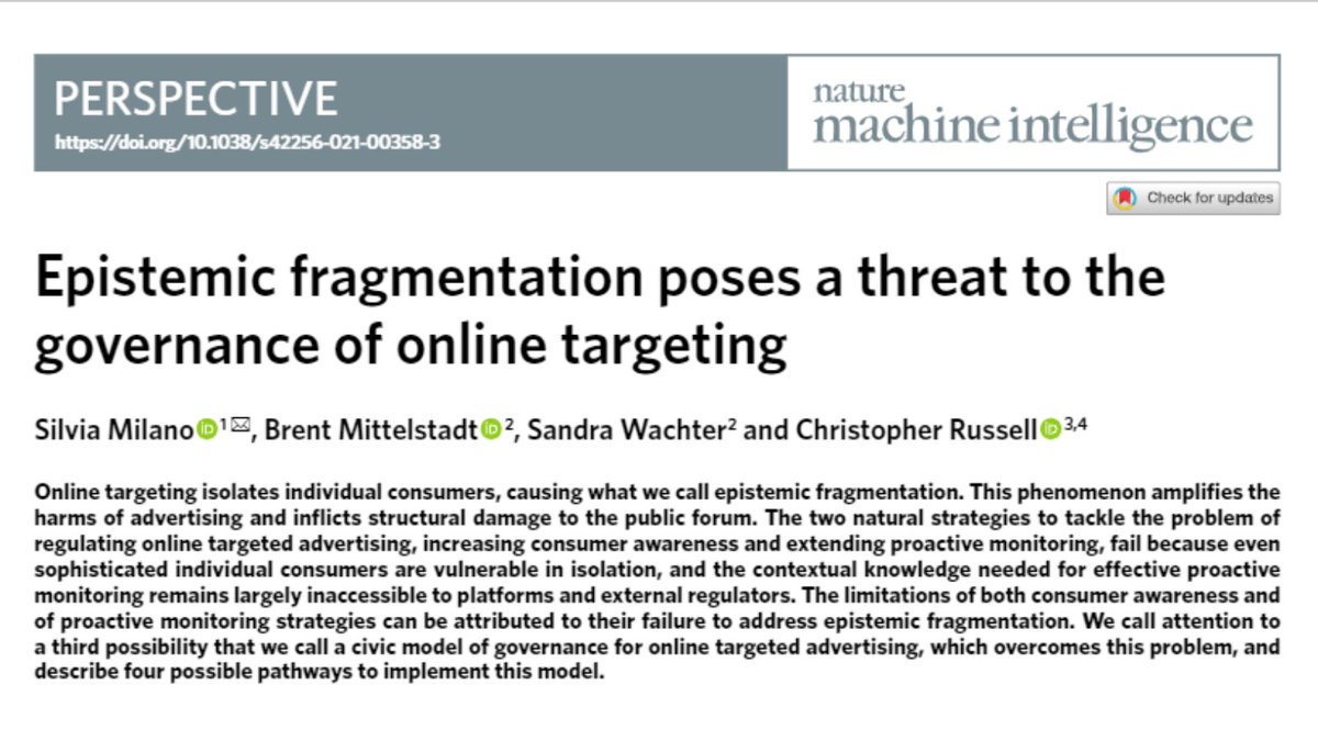 What are the harms of epistemic fragmentation in online targeted advertising using ML? @SilviaMilano1 recently coauthored 'Epistemic fragmentation poses a threat to the governance of online targeting' in @NatMachIntell Read the full paper here: ow.ly/gQFX50FgUTj