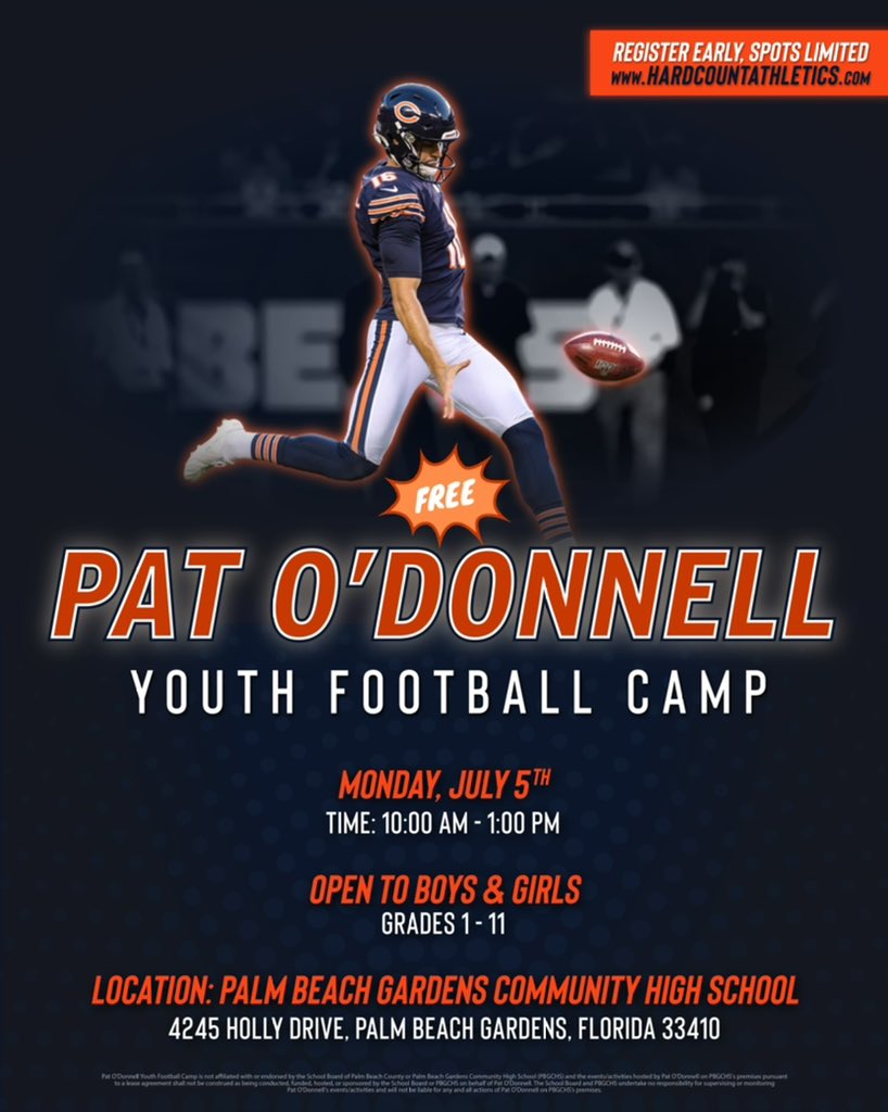 Come kick it with myself and other NFL players at this FREE camp! Looking forward to seeing all of you July 5th!
