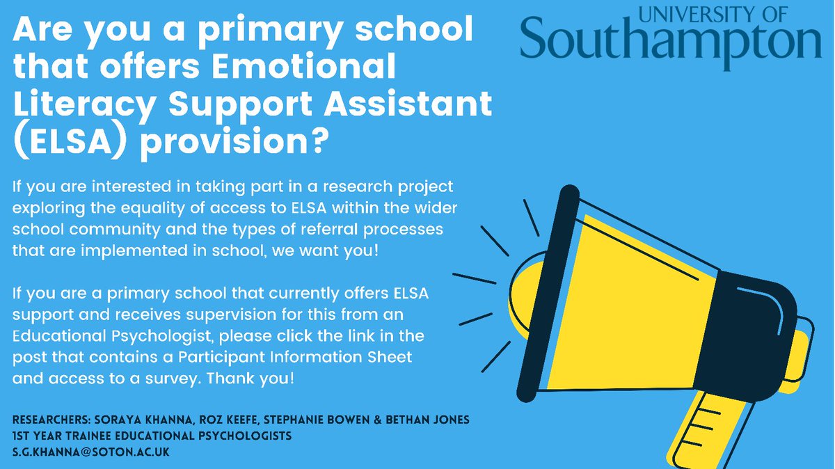 SUEdPsy's tweet image. Year 1 Small Scale Research Project.  Do you work in a primary school that offers Emotional Literacy Support Assistant (ELSA) provision &amp;amp; are you interested in informing research exploring equality of access. Find out more below. Please retweet 😀sotonpsychology.eu.qualtrics.com/jfe/form/SV_ac…