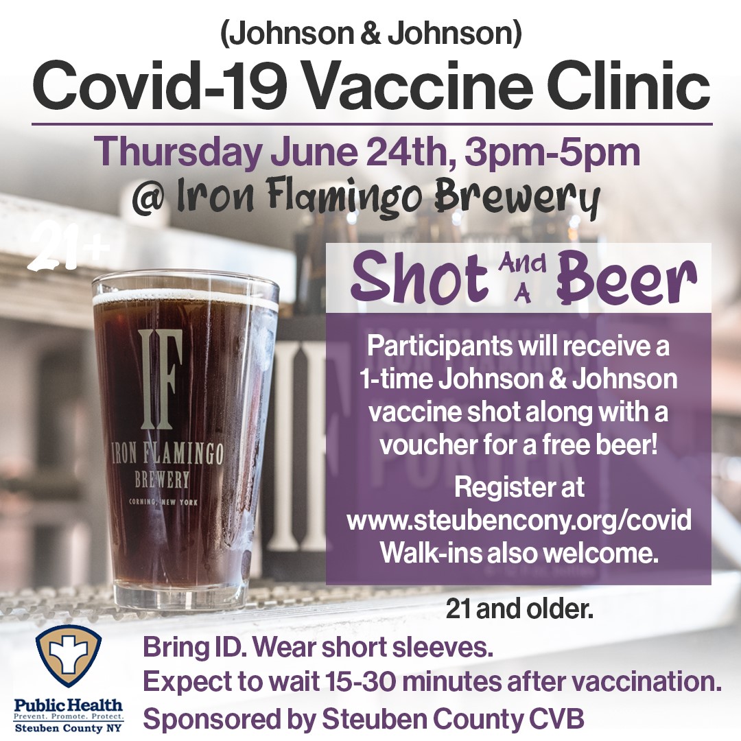 Join us for a shot and a beer Covid-19 Vaccine Clinic. Participants will receive the one-dose Johnson &amp; Johnson vaccine and a voucher for a free pint. 
➡ Railhead Brewing Company Wednesday, June 23rd from 3-5pm
➡ Iron Flamingo Brewery Thursday, June 24th from 3-5pm