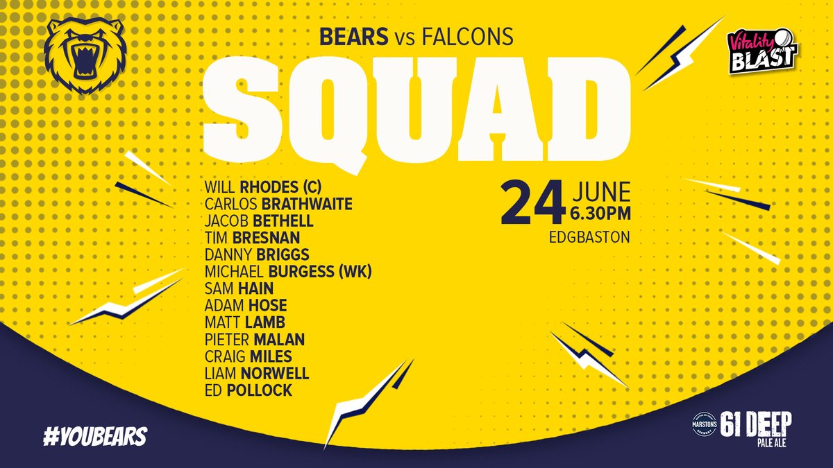 SQUAD | Mark Robinson has named a 13-man squad to face the Falcons.

The Bears are without Dan Mousley (finger), Jake Lintott (Covid), Olly Stone (back), Henry Brookes (thigh), Rob Yates (illness) and Chris Woakes (England).

📝 bit.ly/2SWyNni

🐻#YouBears | #BIRvDER
