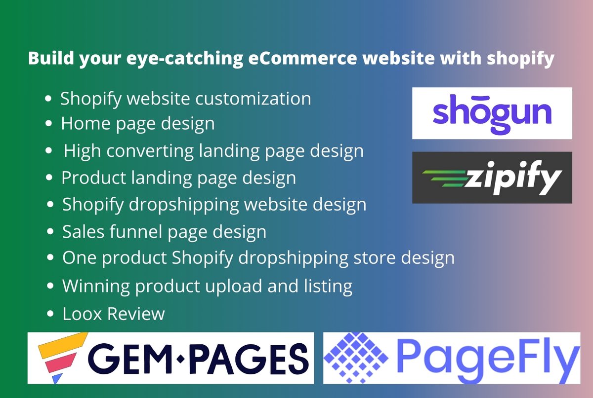I will clone redesign shopify ecommerce website,landing page by shogun,pagefly,gempages

Hire Me: fiverr.com/share/8vNW9E

#shogun #shopifyLandingPage  #zipify  #shopifyWebsite #shopifyExpert #dropshipping #shopifyOneProduct #onlineStore  #shopify
#Morata #SunooOurMiracleOfJune