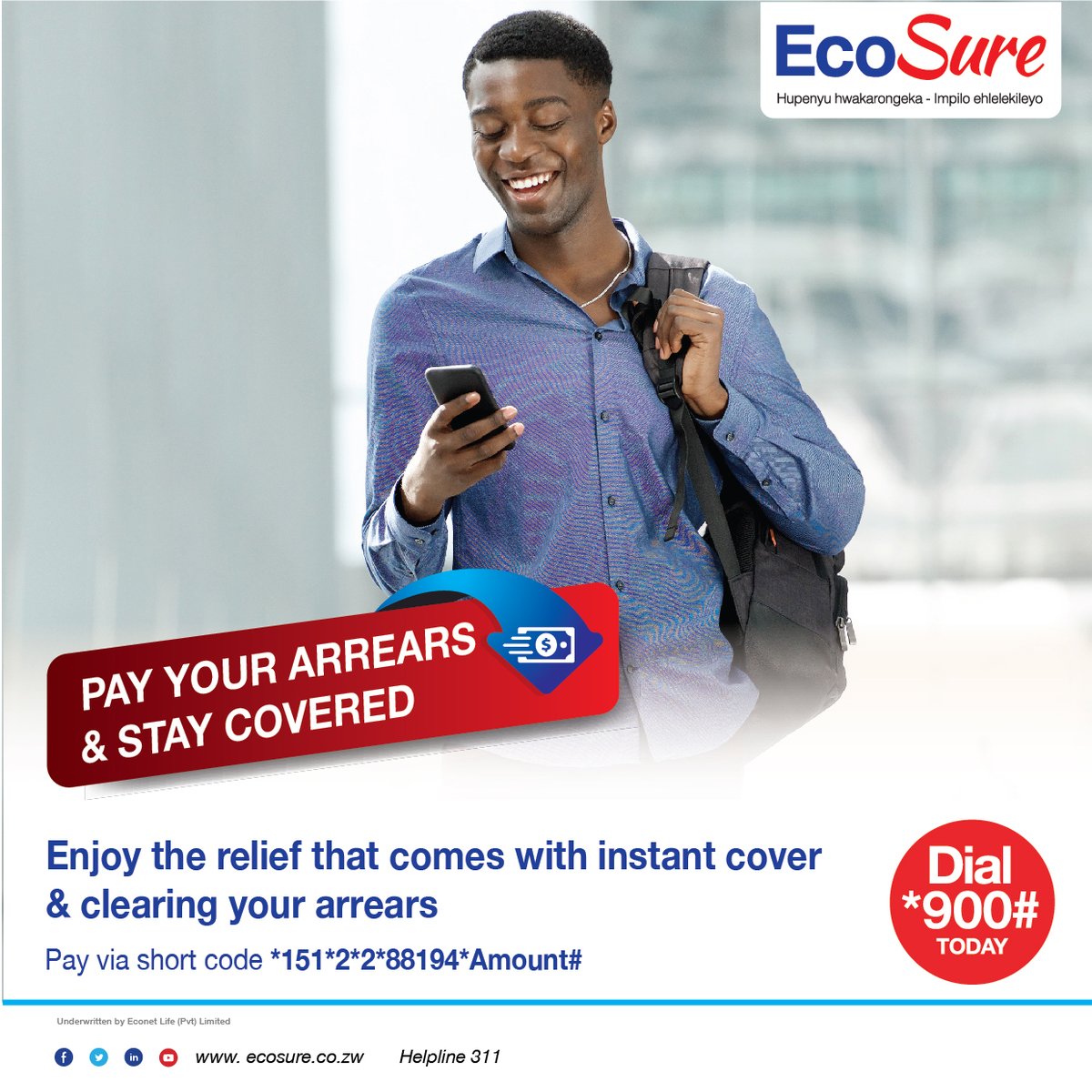 EcoSureZW's tweet image. Settle your May and June policy arrears from now up to the 30th of this month. All you need to do is pay your arrears via short code *151*2*2*88194*Amount#, send the proof of payment to 0777222111 and you’ll get immediate cover with no waiting period. 
#SettleIt