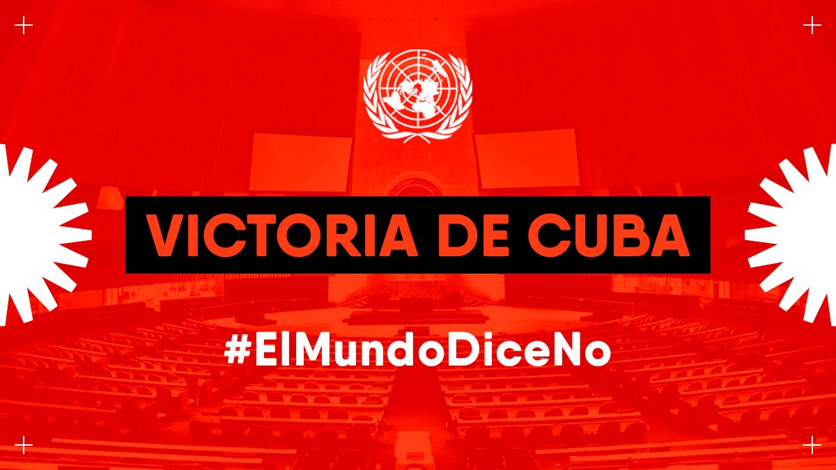 #ElMundoDiceNo al bloqueo contra #Cuba🇨🇺. 

Una vez más la inmensa mayoría de la comunidad internacional nos acompaña en este justo reclamo. 

¡Victoria del pueblo cubano en Naciones Unidas <a href="/ONU_es/">Naciones Unidas</a>!