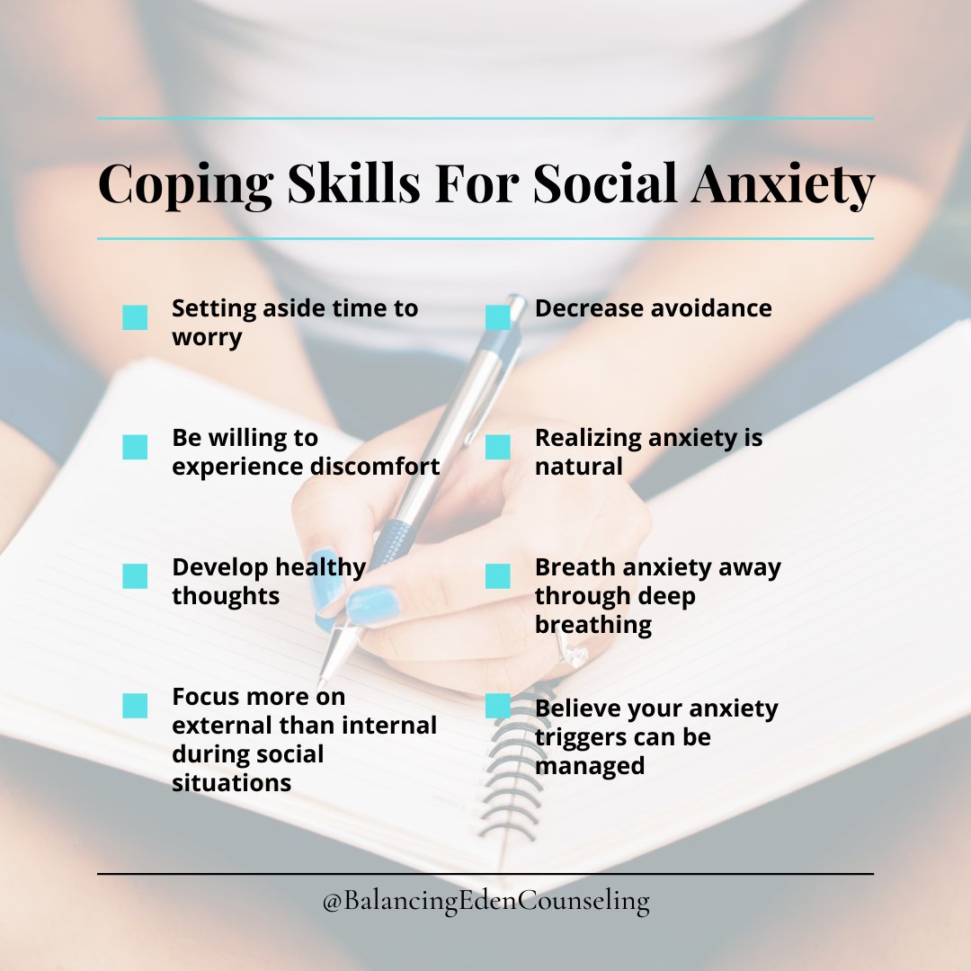 BalancingEden's tweet image. Coping skills for social anxiety @balancingedencounseling #affirmations #quotes #positiveaffirmations #mentalhealth #counseling #therapy #teletherapy #selflove #selfcare #meditation #mind #body #spirit