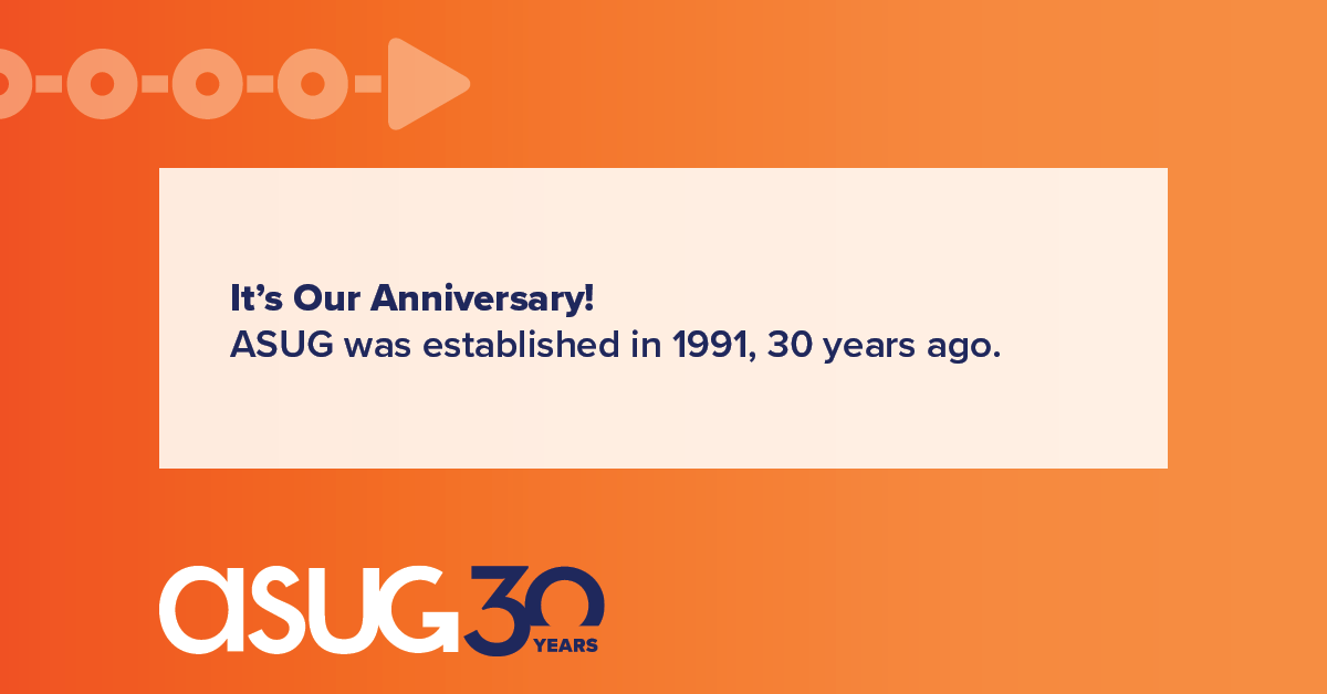 gscott16's tweet photo. Today is a really special day for #ASUG . Why, you might ask? We're celebrating our 30th anniversary, and I couldn't be more excited to share this milestone with everyone at our #ASUGFORWARD conference. π π Join the festivities: https://t.co/8apDONWiuY #30YearsTogether https://t.co/h9B9s9R1qM