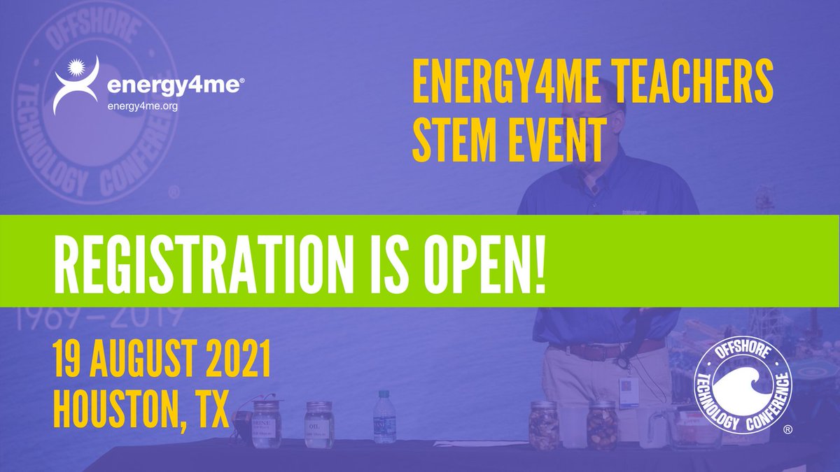 Houston-area teachers!
Be sure to save your seat at the Offshore Technology energy4me Teachers STEM Event in Houston. For more information an registration go to go.otcnet.org/Energy4Me2021
#txed