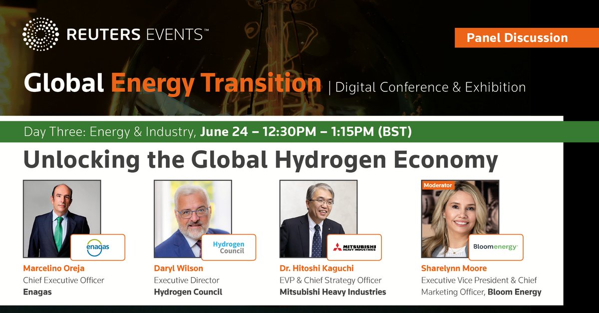 Bloom_Energy's tweet image. There&apos;s still time to register for the @Reuters Global Energy Transition. EVP @SharelynnM will be guiding a compelling discussion around the future of the #hydrogen economy: hubs.li/H0QTW_H0

#GlobalTransition