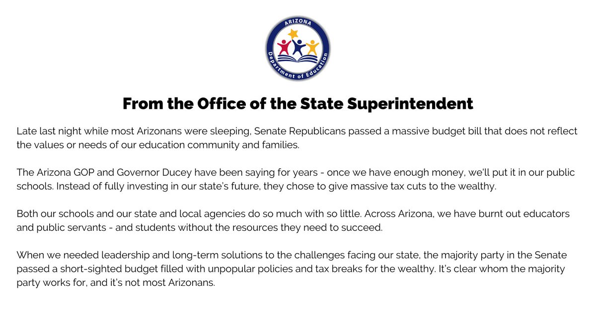 Supt_Hoffman's tweet photo. My statement on @AZSenateGOP and Governor @dougducey's budget. https://t.co/54VN7Qp0vN