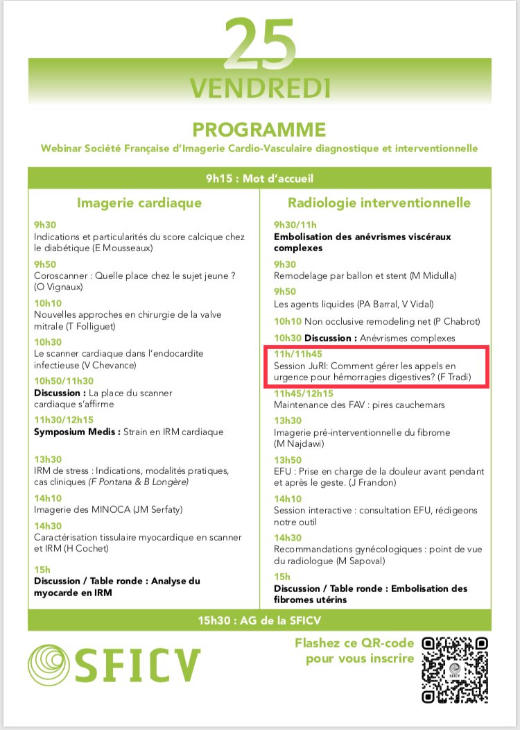 Junior Radiologie Interventionnelle (@juri_fr) on Twitter photo 🔜Nouvelle session du #JURI ce vendredi lors du 1er eJFICV:
Gestion des appels en urgence pour hémorragies digestives
RDV 11h00 ➡️ lien d’inscription par le QR code
<a href="/SFRadiologie/">SFR (Radiologie)</a> <a href="/RadiologieUNIR/">UNIR Radiologie</a> <a href="/ETF_IRtrainees/">CIRSE European Trainee Forum</a> 🔜Nouvelle session du #JURI ce vendredi lors du 1er eJFICV:
Gestion des appels en urgence pour hémorragies digestives
RDV 11h00 ➡️ lien d’inscription par le QR code
<a href="/SFRadiologie/">SFR (Radiologie)</a> <a href="/RadiologieUNIR/">UNIR Radiologie</a> <a href="/ETF_IRtrainees/">CIRSE European Trainee Forum</a>