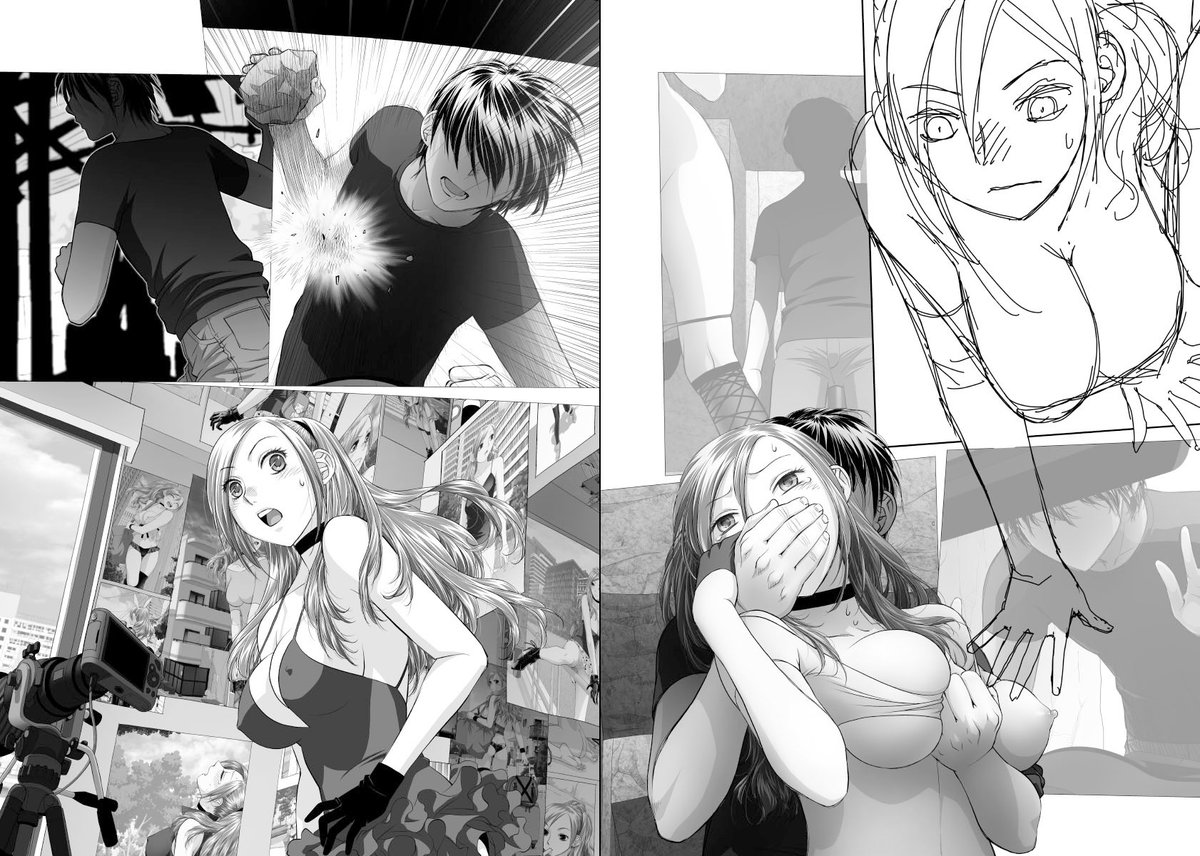 見開き単位で作業してた連載の下描き
台詞フキダシ擬音無しバージョン61↓

回想シーンは前に描いた絵を選んで配置する作業だけではなく、回想としてちゃんと使える様に修正や追加が必要な事も多々あります……が、正直作業としては楽できて時間稼ぎになります(スケジュール的に危ない時とか)😅 