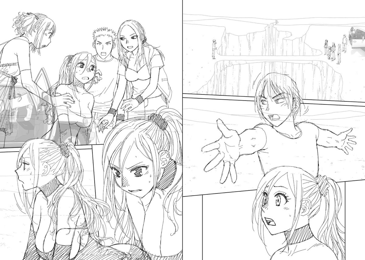 見開き単位で作業してた連載の下描き
台詞フキダシ擬音無しバージョン61↓

回想シーンは前に描いた絵を選んで配置する作業だけではなく、回想としてちゃんと使える様に修正や追加が必要な事も多々あります……が、正直作業としては楽できて時間稼ぎになります(スケジュール的に危ない時とか)😅 