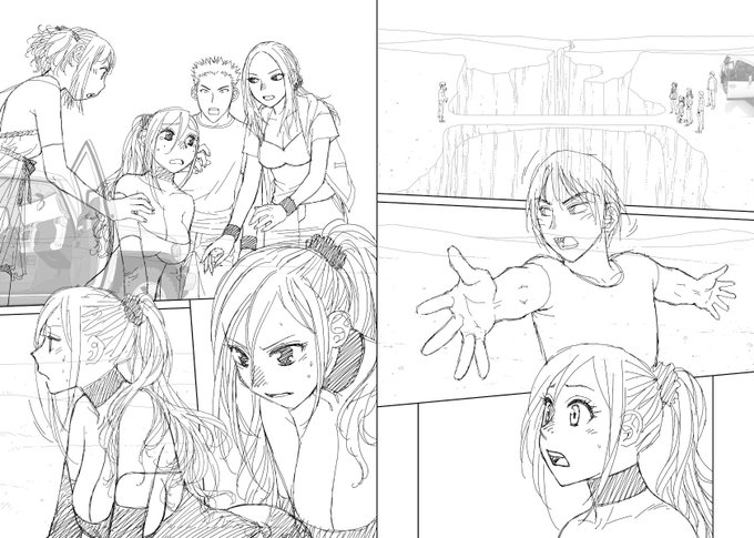 見開き単位で作業してた連載の下描き
台詞フキダシ擬音無しバージョン61↓

回想シーンは前に描いた絵を選んで配置する作業だけではなく、回想としてちゃんと使える様に修正や追加が必要な事も多々あります……が、正直作業としては楽できて時間稼ぎになります(スケジュール的に危ない時とか)😅 