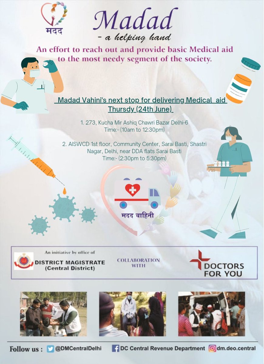 Registering their presence and selfless service in the slum areas of central district, #MadadVahini and the team of <a href="/DFYIndia/">Doctors For You</a> are ready to provide free medical aid in the slum areas of Chawri Bazaars and Shastri Nagar in the district tomorrow.

#MadadAHelpingHand
#ThereForCare