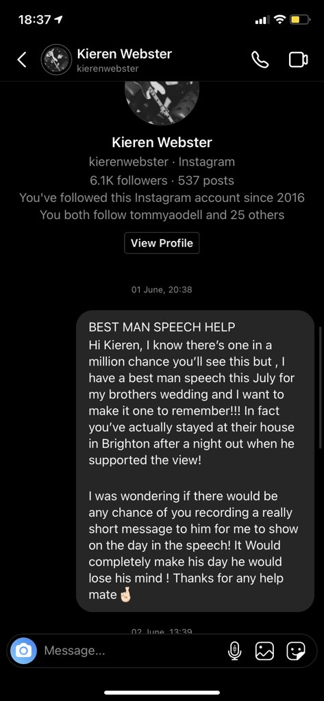 BestManSpeech_'s tweet photo. @KierenWebster @viewofficial piecing together my best man speech for my brothers wedding , please see message below any help would be unreal!! Thanks mate🤞🏻 https://t.co/jakFjrjdJR
