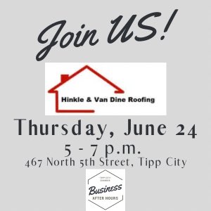 TippCityChamber's tweet photo. Pop on by Thursday at 5pm! We just learned that Hinkle & Van Dine Roofing has teamed up with Coldwater Cafe for some delicious foods at the after hours! We hope you can make it out to see their new location in #tippcity.
#tippcityohio #tippcitychamber #tippcitylife #localroofing https://t.co/ZbkP1YPyHz