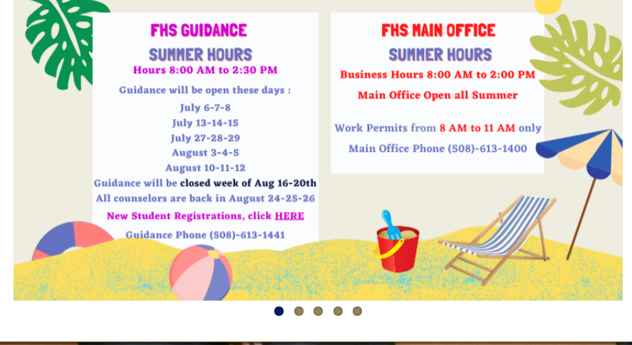 FHS Main Office Hours and Guidance Hours for the summer - link for new student registration franklinps.net/fhs/about-us/p…