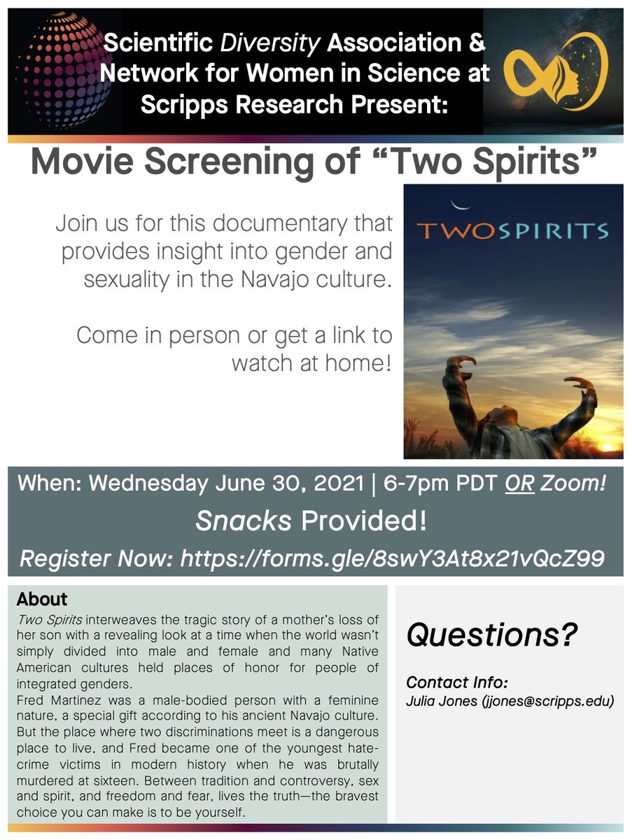 Network for Women in Science at Scripps Research (@scrippsnwis) on Twitter photo <a href="/ScrippsNWiS/">Network for Women in Science at Scripps Research</a> and <a href="/ScrippsSda/">Scripps Research Scientific Diversity Association</a> will be hosting a movie screening of 'Two Spirits' next Wed (6/30) @ 6pm
Join us in person or via Zoom! 🖥️
Register here: forms.gle/8swY3At8x21vQc…
#Pride2021 <a href="/ScrippsNWiS/">Network for Women in Science at Scripps Research</a> and <a href="/ScrippsSda/">Scripps Research Scientific Diversity Association</a> will be hosting a movie screening of 'Two Spirits' next Wed (6/30) @ 6pm
Join us in person or via Zoom! 🖥️
Register here: forms.gle/8swY3At8x21vQc…
#Pride2021