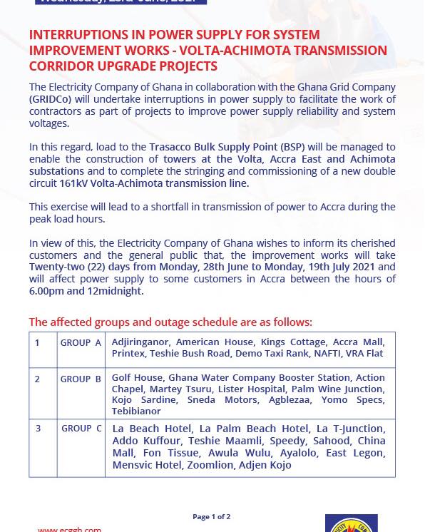 Citi973's tweet photo. The Electricity Company of Ghana (ECG), has announced that parts of Accra will experience scheduled power outages for 22-days starting from Monday, June 28, 2021.
#CitiNewsroom https://t.co/JR5cKunqHJ