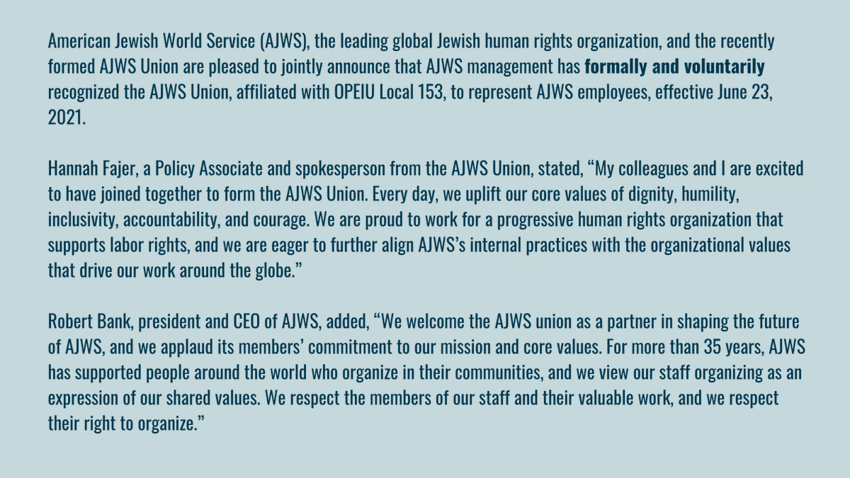 AJWSUnion's tweet photo. We are excited to announce that AJWS staff members have formed a union with @153Local 🎉  @AJWS management welcomed our union by voluntarily recognizing us this week, and we are thrilled to move forward with negotiations for our first contract. #AJWSUnion https://t.co/jBKX6OMFua https://t.co/xIKgInn2Gh