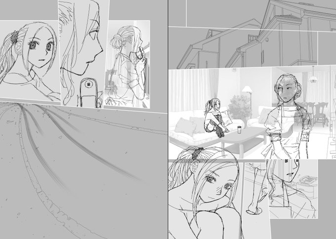 見開き単位で作業してた連載の下描き
台詞フキダシ擬音無しバージョン62↓

回想シーン続き…
回想シーンでも前に描いた絵では無くて、新規に描かないといけない場合もあります
いつも楽してるわけではないですよ〜

もうコレは凄くネタバラしになっちゃってますが、詳しくは単行本読んでね🙇🏻‍♂️ 