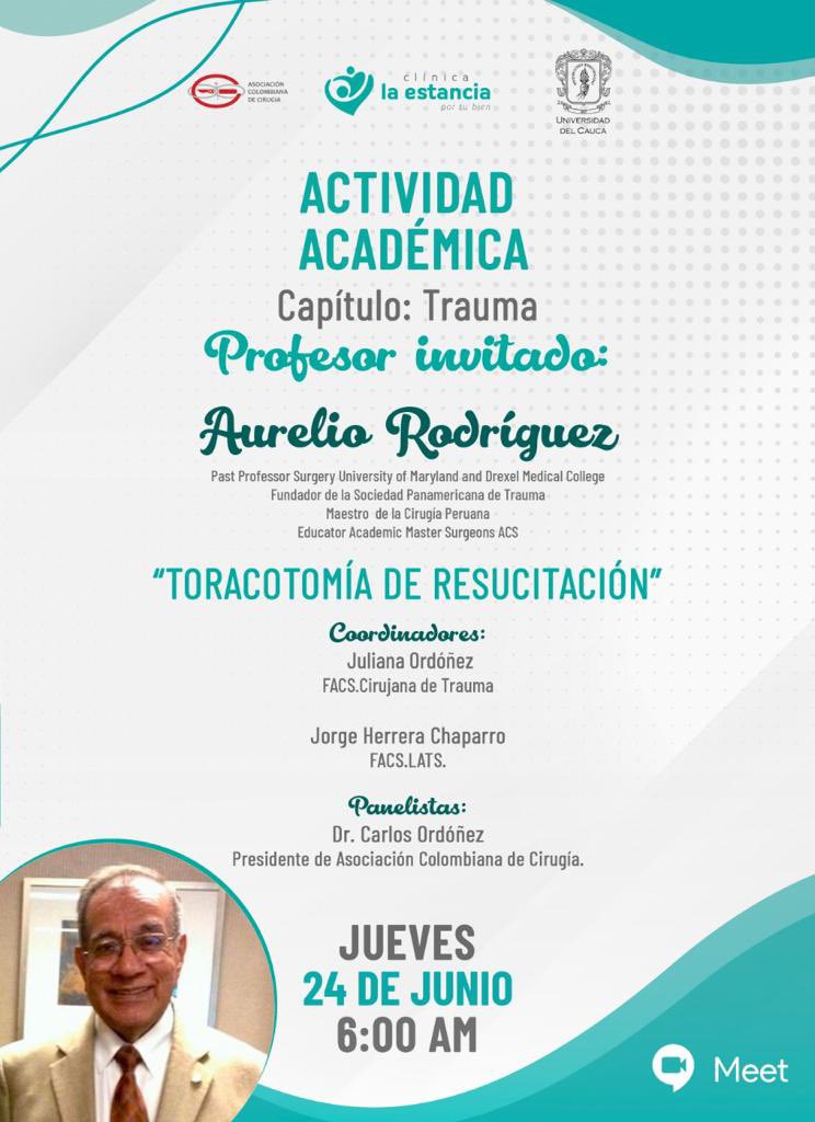 Los invitamos a la actividad académica de mañana  Capítulo de Trauma <a href="/ascolcirugia/">AsColCirugía</a> jueves 6:00 am de 🇨🇴. Profesor Invitado: Dr. Aurelio Rodriguez  tema Toracotomia de Resuscitacion link: meet.google.com/nvy-cbrr-kgk <a href="/Panamtrauma/">Panamericanadetrauma</a> <a href="/ottolinopablo/">Pablo Ottolino</a> <a href="/Me4Trauma/">SoMe4Trauma</a> <a href="/Me4Education/">SoMe4SurgicalEducation</a> @Cirbosque