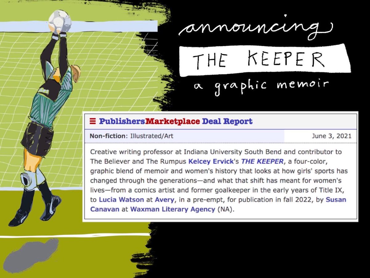 KelceyErvick's tweet photo. Today on the 49th anniversary of #TitleIX, I’m excited to share news of my forthcoming graphic memoir THE KEEPER, about being a goalkeeper in the early years of Title IX and how women’s sports has changed from the time of the early Lady Footballers to today. @Avery_Books https://t.co/M6Q6tuAVPz