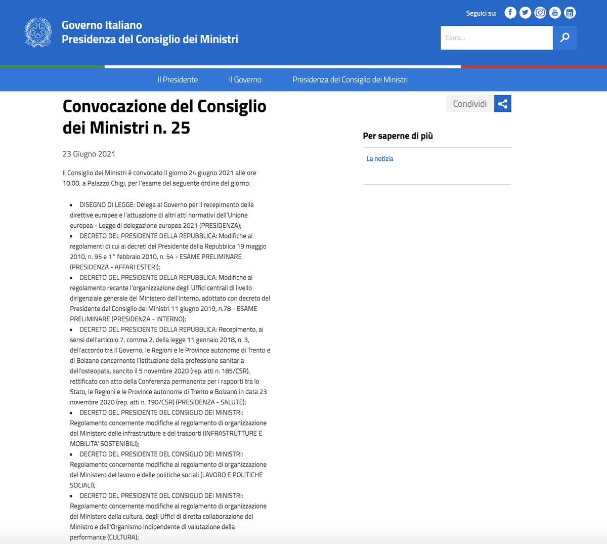 Calendarizzato all’Ordine del Giorno, per la seduta del Consiglio dei Ministri (CdM) del 24 giugno ore 10.00, il Decreto del Presidente della Repubblica (DPR) relativo all’istituzione della professione sanitaria dell’osteopata.
#OsteopatiaProfessioneSanitaria #osteopatia #ROINEWS