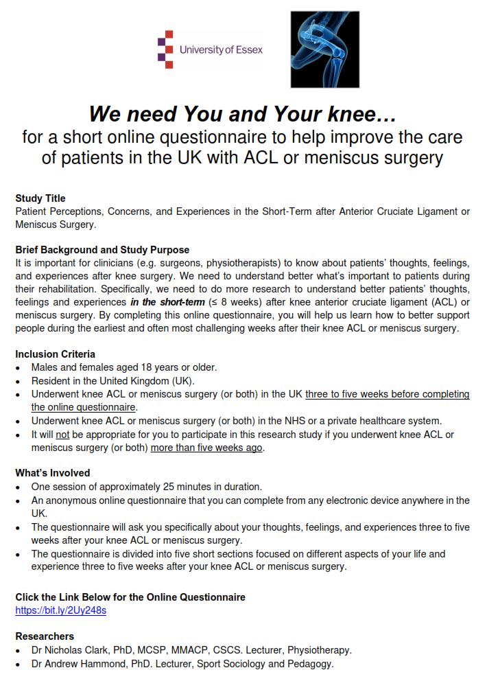 WE NEED YOU AND YOUR KNEE… for a short online questionnaire 2 help improve the care of patients in the UK w ACL/meniscus surgery 🦵📋👍

See the pics 4 more info. Go here 2 complete the questionnaire (approx 25 min): bit.ly/2Uy248s

Please RT 🙏

#Knee #ACL #Meniscus