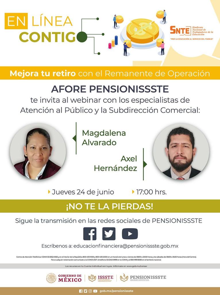 🟠 Educación financiera para un mejor futuro, es parte de los webinars que ofrecen #SNTE 🍎📚 <a href="/PENSIONISSSTE_/">AFORE PENSIONISSSTE</a> 🏥 que con expertos, en línea contigo abordarán el tema 👉Mejora tu retiro con el remanente de operación ✔️

👉Mañana 🗓️ 17 hrs 🕔