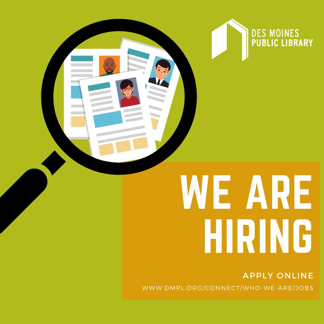 Looking for a job? Des Moines Public Library is now hiring! They are hiring for multiple positions and some do not require a degree in library science.

Learn more: ow.ly/Plhq50Fh2f4