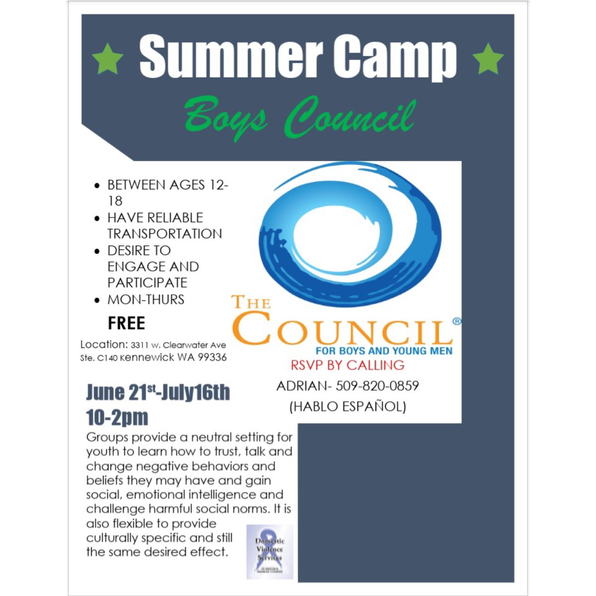 REELprevention's tweet photo. Welcome to our FREE summer camps!😎
Now enrolling ages 12-18, RSVP with any of our prevention specialists, limited space available.
#dvsbf #reelprevention https://t.co/2f6DTgbuee