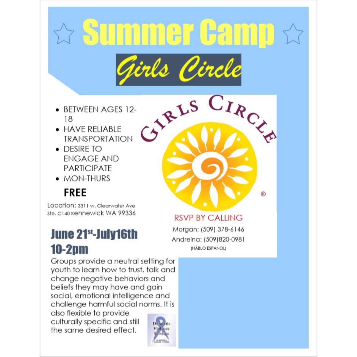 REELprevention's tweet photo. Welcome to our FREE summer camps!😎
Now enrolling ages 12-18, RSVP with any of our prevention specialists, limited space available.
#dvsbf #reelprevention https://t.co/2f6DTgbuee