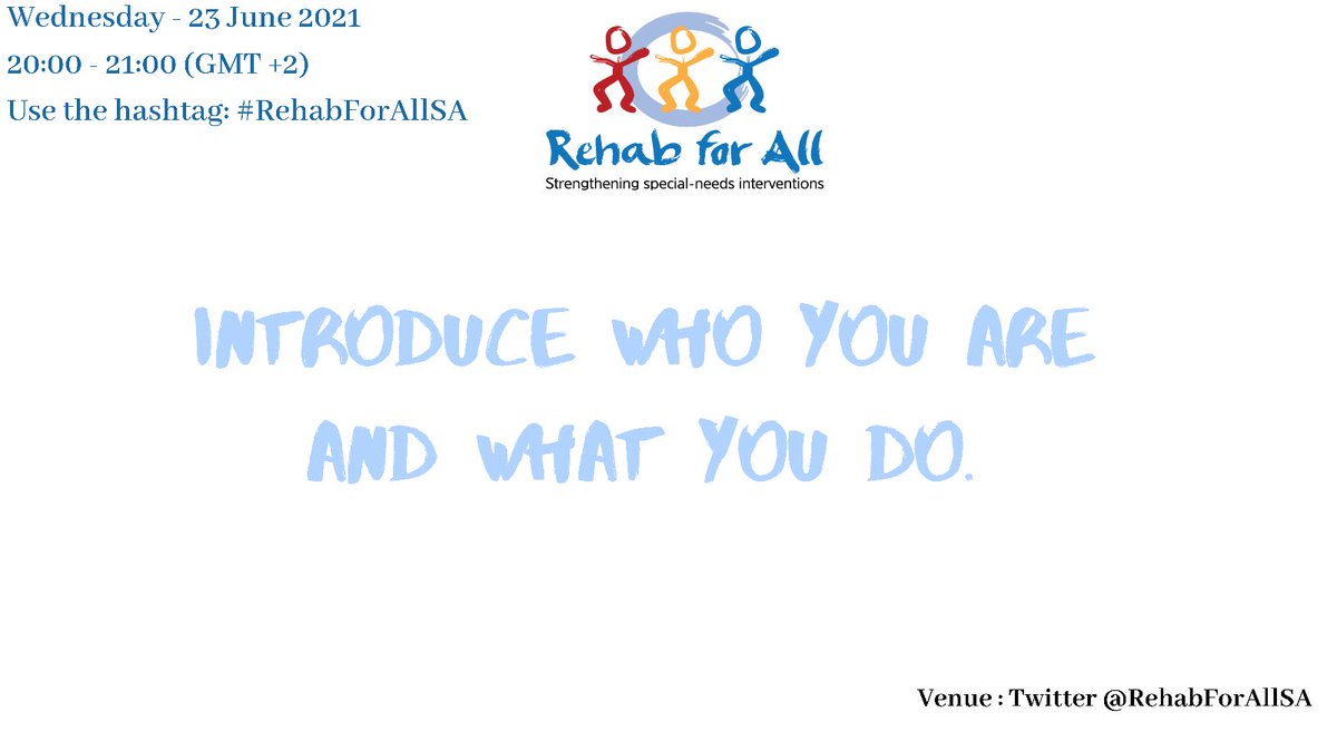 Welcome to our twitter, Introduce yourself/ tell us who you are. #Rehabforallsa