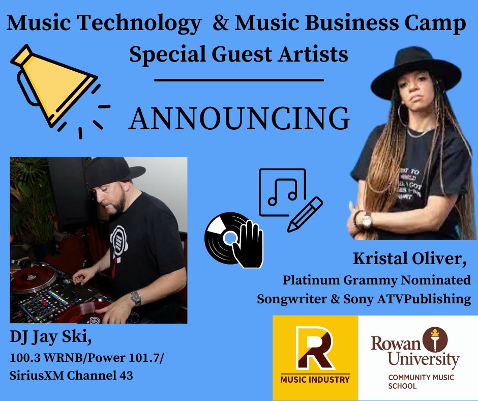 Come join us for a virtual music camp from July 26th- July 30th with Special Guests Kristal Oliver and DJ Jay Ski! The Registration price will be going up after July 1st so please register asap! Register here at go.rowan.edu/musictechnolog… 
<a href="/DJJaySki/">DJ JaY-SkI</a>
