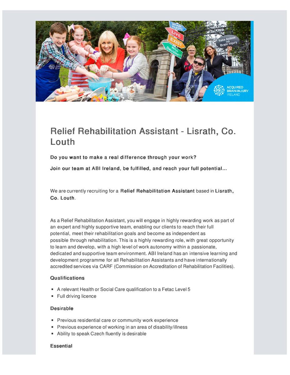 #HIRINGNOW Health/social care professionals are invited to apply for the role Relief Rehabilitation Assistant for our services in Lisrath, Louth. 

Support survivors of #braininjury to reach their goals & regain independence. 

Closing: 3 July 2021 

candidate.hr-manager.net/ApplicationIni…