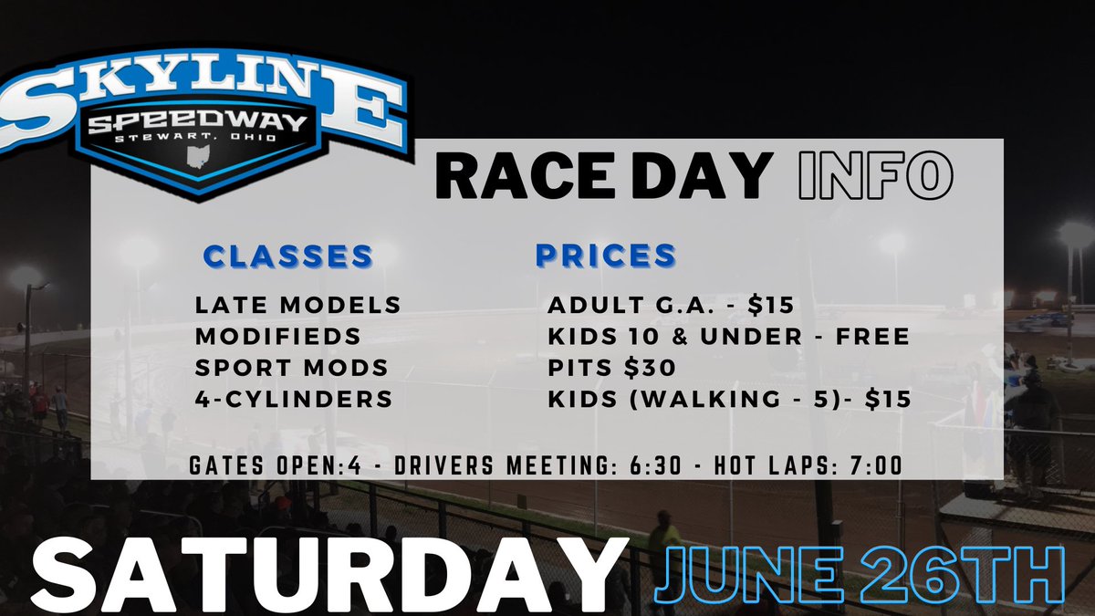 We are back in action this Saturday night with a full racing program! 

The forecast is looking excellent for Saturday afternoon and we expect a great field of cars as Skyline Speedway’s return season rolls! 

All the details ⬇️