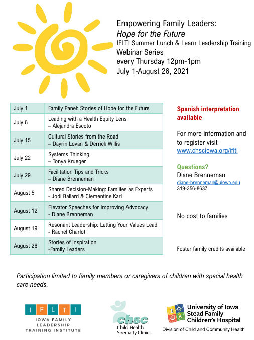 BIA_Iowa's tweet photo. Iowa Family Leadership Training Institute is planning a summer family leadership training series to empower families in their advocacy and leadership. It is family training by families for families. For more information and to register visit https://t.co/X22VwfI41w https://t.co/rgJTnHJAkW