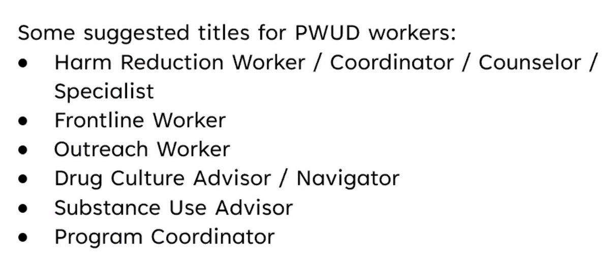 #HarmReduction Work Titles that can be used instead of using “Peer” as a sole title. Having a title reflecting the expertise that the person brings! 

Thank you <a href="/sanpatten/">San Patten</a> for summing this theme up beautifully. 

#StimulusConnect